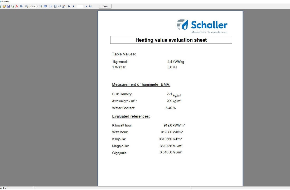 Wydruk raportu Heating value evaluation sheet z oprogramowania LabDry, z gęstością, wilgotnością i wartością opałową drewna