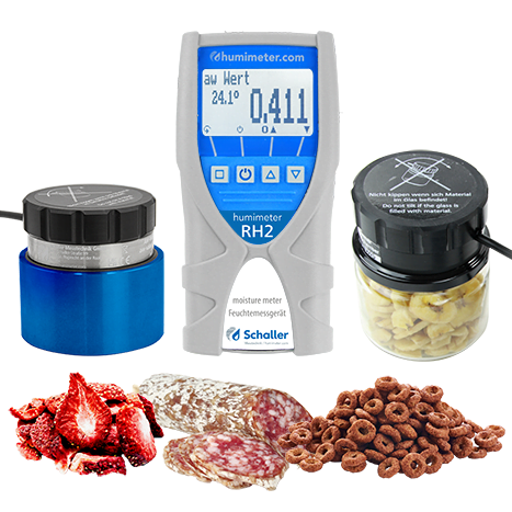 Miernik aktywności wody humimeter RH2 – komora i komórka pomiarowa z przykładami: truskawki, salami, cheeriosy