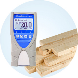 Wilgotnościomierz uniwersalny humimeter M05 i M30 przy deskach, grafika kategorii materiały i surowce